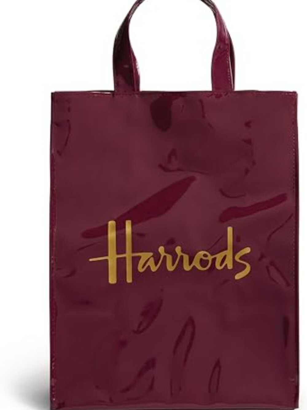 Harrods Burgundy Patent Tote Bag Gold Logo Shopper Tote